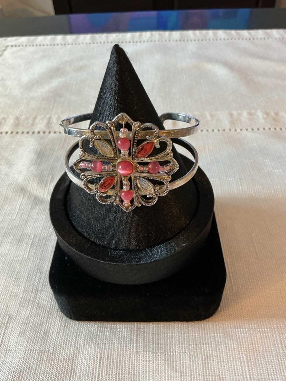Pink Faux Cabochon Floral Filigree Open Cuff Bracelet